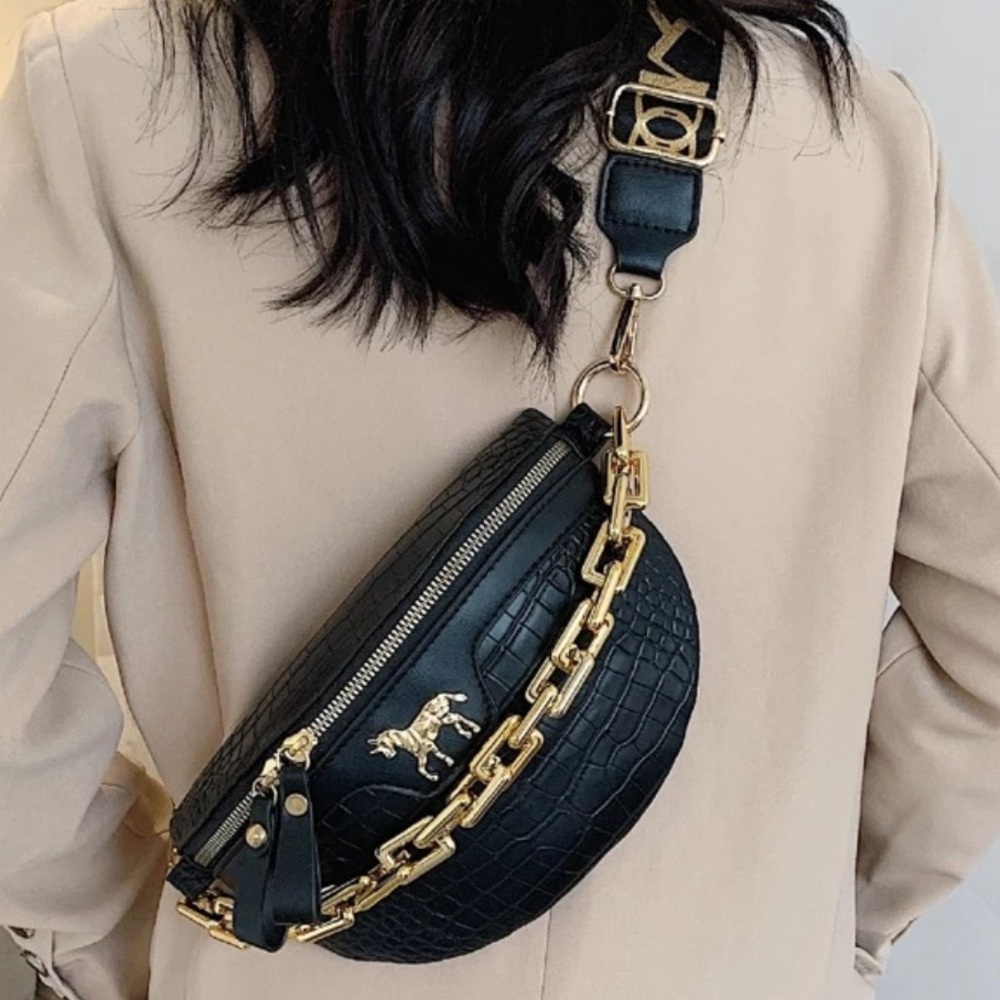 Acrylic Chain-Link Waist Bag & Chest Bag Featuring Vintage Crocodileodile Print